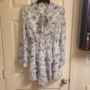 Avantlook Floral Blue and White Ruffle Jumpsuit